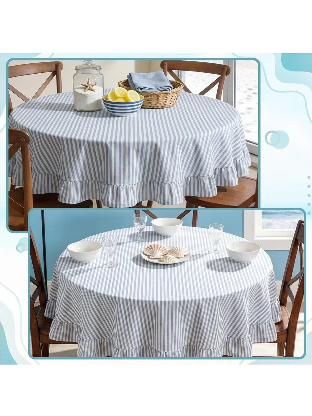 NEW Frienda Blue Stripe Ruffle Table Cloth Farmhouse
